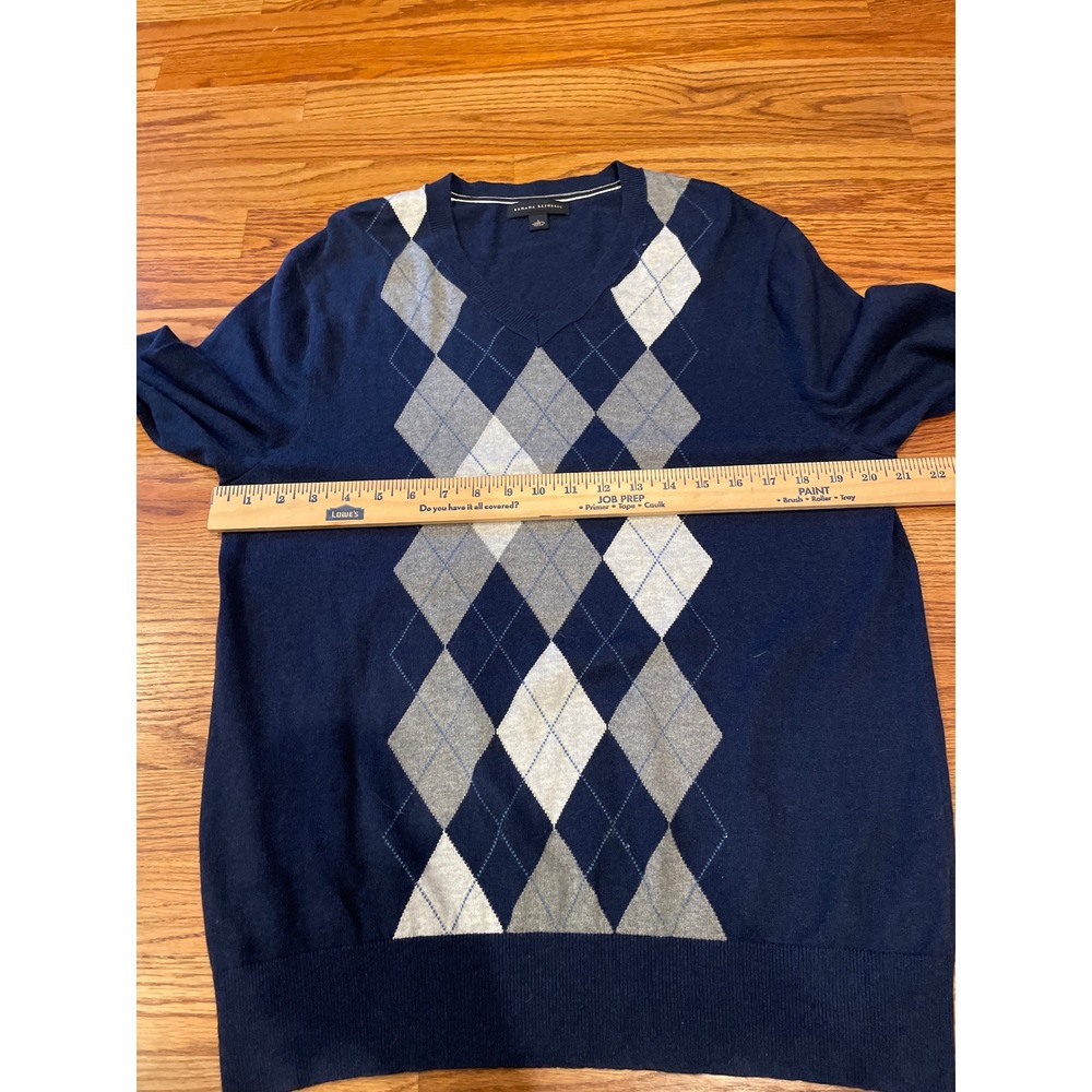 Banana Republic Mens Sweater Large Navy Blue Argyle V-Neck Cashmere Blend Preppy - Picture 7 of 9